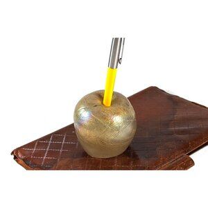 Vintage Art glass apple pen stand, artist signed glass paperweight, iridescent